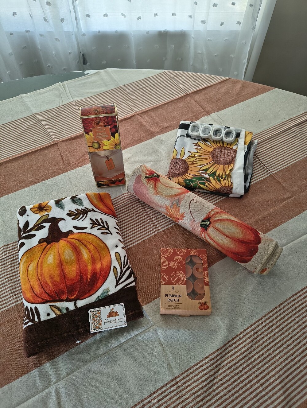Fall Thanksgiving Pumpkin Bath Rugs Set - Runner Mat, Towel, Reed Diffuser & Tea